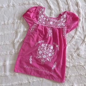 Mexican Fiesta Dress in Bright Pink w/ White Embroidery & Tailored Princess Slv